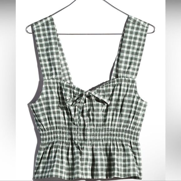 NWT Madewell Gingham Check Smocked Green White Peplum Cropped Keyhole Prairie - Picture 3 of 5